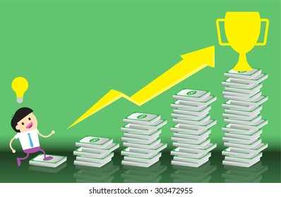 Businessman climbing ladder to Success. Vector illustration. Businessman climbing to goal. Motivation concept to be successful. winner. finish. win. flat design. graph. idea light bulb. trophy cup