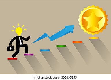Businessman climbing ladder to Success. Vector illustration. Businessman climbing to goal. Motivation concept to be successful. winner. finish. win. flat design. graph. idea light bulb. gold star