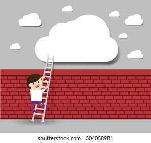 Businessman climbing ladder to Success. Vector illustration. Businessman climbing to goal.Motivation concept to be successful.winner.finish.win. flat design.brick Wall