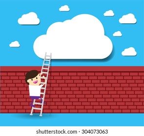Businessman climbing ladder to Success. Vector illustration. Businessman climbing to goal.Motivation concept to be successful.winner.finish.win. flat design.brick Wall