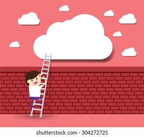 Businessman climbing ladder to Success. Vector illustration. Businessman climbing to goal.Motivation concept to be successful.winner.finish.win. flat design.brick Wall
