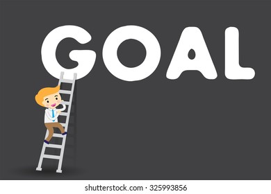 Businessman climbing ladder to Success. Vector illustration. Businessman climbing to goal. Motivation concept to be successful. winner. finish. win. flat design. black background
