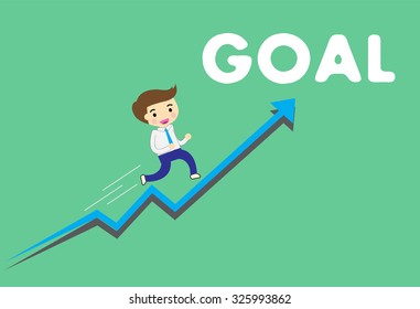 Businessman climbing ladder to Success. Vector illustration. Businessman climbing to goal. Motivation concept to be successful. winner. finish. win. flat design. graph  green background