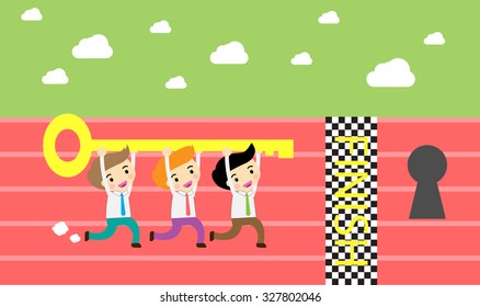 Businessman climbing ladder to Success. Vector illustration. Businessman climbing to goal. Motivation concept to be successful. winner. finish. win.flat design.graph, infographics.key to Success. team