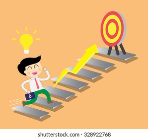 Businessman climbing ladder to Success. Vector illustration. Businessman climbing to goal. Motivation concept to be successful. winner. finish. win. flat design.