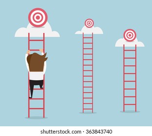 Businessman Climbing The Ladder For Target, Business Success Concept Cartoon Vector Illustration