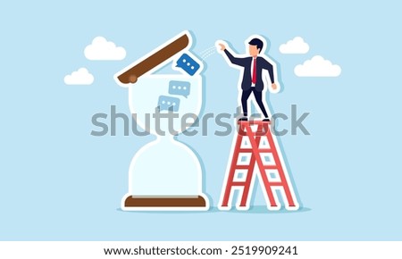 A businessman climbing a ladder and throwing a chat bubble into an hourglass, illustration of the waste of time on unimportant conversations.