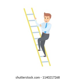 Businessman climbing up the ladder towards success. Business improvement and career growth concept. Isolated flat vector illustration