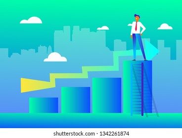 Businessman climbing up the ladder towards success. Business improvement and career growth concept. Isolated flat vector illustration 