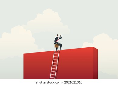 Businessman climbing ladder for vision opportunities and achievement over the wall. Business concept illustration vector