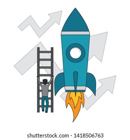 businessman climbing ladders rocket arrow up vector illustration