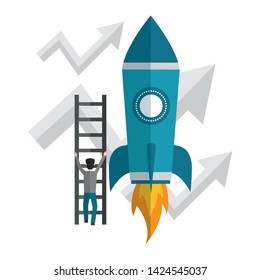 businessman climbing ladders rocket arrow up vector illustration