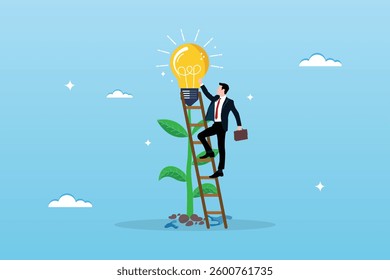 Businessman climbing up a light bulb tree with a ladder to reach a burning light bulb. Concept of creativity. Career advancement or business growth. Moving towards a solution or success.