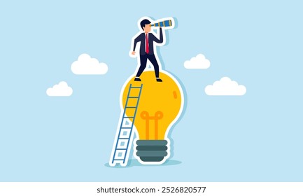 A businessman is climbing a light fixture with a ladder while using a telescope, illustration of a vision for generating ideas and innovations relevant to the target market.