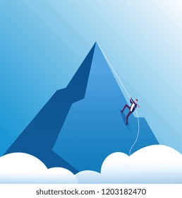 Businessman climbing mountain. Challenge, perseverance and personal growth, effort in career. Business motivation vector concept. Leadership business climb to mountain top illustration