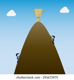 businessman climbing the mountain to grt trophy on the  top Vector