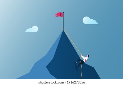 Businessman climbing mountain illustration. Business motivation and effort in career concept.