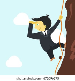 Businessman climbing the mountain, looking around vector illustration