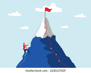 Businessman climbing mountain on the top,Challenge, perseverance, personal growth, effort ,ambition and Leadership in career achieve goals concept  vector illustration