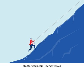 Businessman climbing mountain on the top,Challenge, perseverance, personal growth, effort ,ambition and Leadership in career achieve goals concept  vector illustration