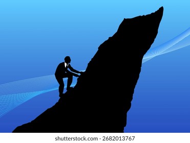 Un hombre de negocios escalando una montaña, simbolizando desafíos y metas en su carrera.