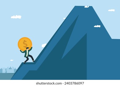 businessman climbing a mountain while pushing gold coins. business, economics, finance.