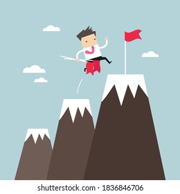 Businessman climbing up mountains or cliffs and moving to final destination point.