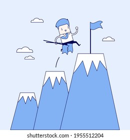 Businessman climbing up mountains or cliffs and moving to final destination point. Cartoon character thin line style vector.