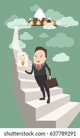 Businessman climbing on ladder to the mountain. Vector illustration.