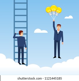 Businessman climbing on ladder to sky, man flying on idea balloons. Business boost concept, startup. Flat design vector illustration