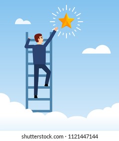 Empresario subiendo por una escalera al cielo y tratando de atrapar a la estrella del sueño. Logra tus sueños, el concepto de metas. Ilustración vectorial de diseño plano