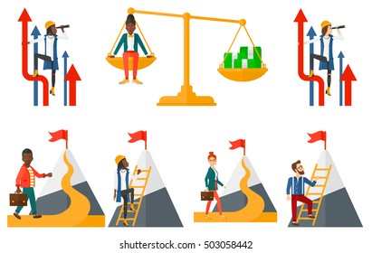 Businessman climbing on the mountain to achieve a flag on the top. Business achievement concept. Businessman achieving success in business. Set of vector illustrations isolated on white background.