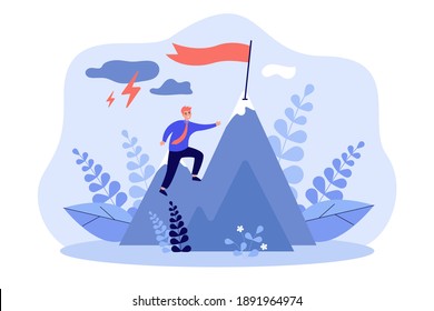 Businessman Climbing On Mountain Through Obstacles Isolated Flat Vector Illustration. Cartoon Person Never Giving Up For Target, Belief And Growth. Perseverance, Effort And Ambition Concept