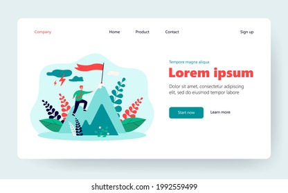 Businessman climbing on mountain through obstacles isolated flat vector illustration. Cartoon person never giving up for target, belief and growth. Perseverance, effort and ambition concept