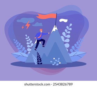 Businessman climbing on mountain through obstacles isolated flat vector illustration. Cartoon person never giving up for target, belief and growth. Perseverance, effort and ambition concept