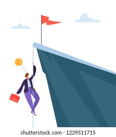 Businessman Climbing on Peak of Mountain. Business Character Trying to get Top. Goal Achievement, Leadership, Motivation Concept. Vector illustration