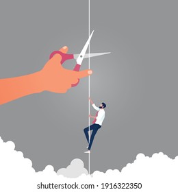 Businessman climbing on rope and giant hand with scissors is cutting the rope, describe challenge, risk, obstacles, ambition, and danger