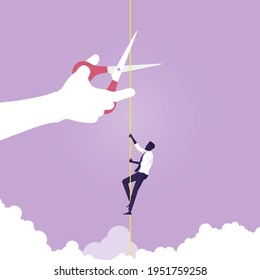 Businessman climbing on rope and giant hand with scissors is cutting the rope, describe challenge, risk, obstacles, ambition, and danger