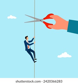 Businessman climbing on rope and giant hand with scissors is cutting the rope, describe challenge, risk, obstacles, ambition, and danger.
