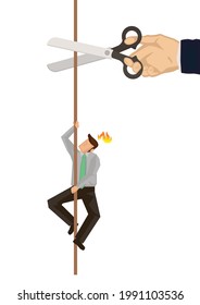 Businessman climbing on rope while a giant hand with scissors cutting the rope. Concept of sabotage. Business concept vector illustration.