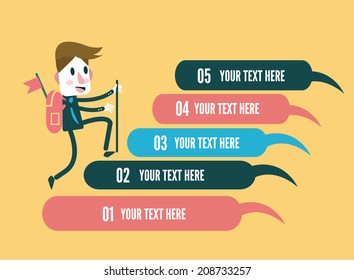 Businessman climbing on the speech bubble steps. Business successful steps concept. vector info graphic 