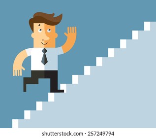 businessman climbing on staircase for money. Business flat vector illustration.