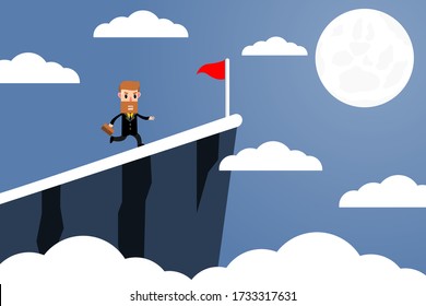 Businessman climbing up on the top mountain to conquer the flag of success. Business Concept. Vector illustration