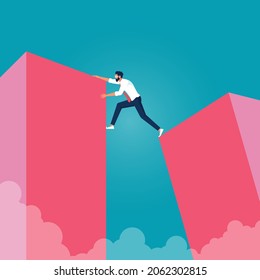 Businessman climbing over gap. Symbol of ambition, motivation, opportunity and courage, business challenge and success vector concept 