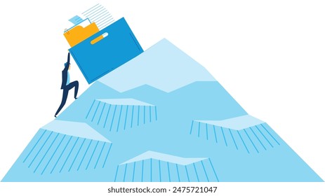 Businessman climbing paper mountain paperwork challenge corporate concept. Professional man scaling document pile deadline metaphor. Struggle career ascend file peak job stress graphic