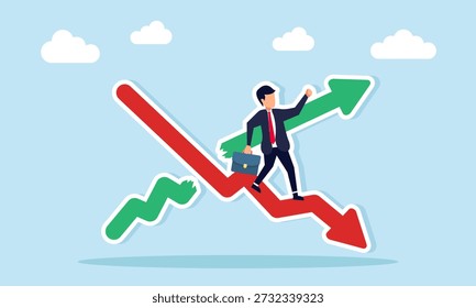 Empresario escalando un gráfico rojo decreciente cruzando un gráfico verde creciente que ilustra la disminución del rendimiento empresarial