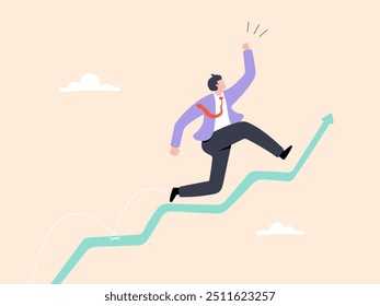 Businessman climbing a rising arrow, symbolizing growth and success.
