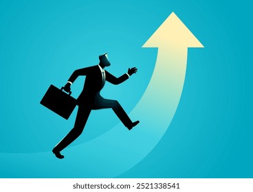 Businessman climbing a rising arrow, symbolizing personal growth, career advancement, and success. Perfect for business, self-improvement, and motivational themes