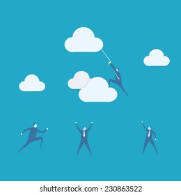 Businessman climbing rope attached to cloud 