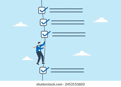 Businessman climbing rope to completed work checklist illustrating completion of tasks or todo lists. Concept of checking off items, achieving productivity goals, and following success plan